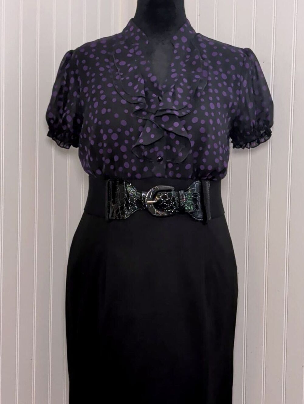 Vintage Style Purple Polka Dot Ruffled Pencil Dress w/ Wide Statement Belt 14P